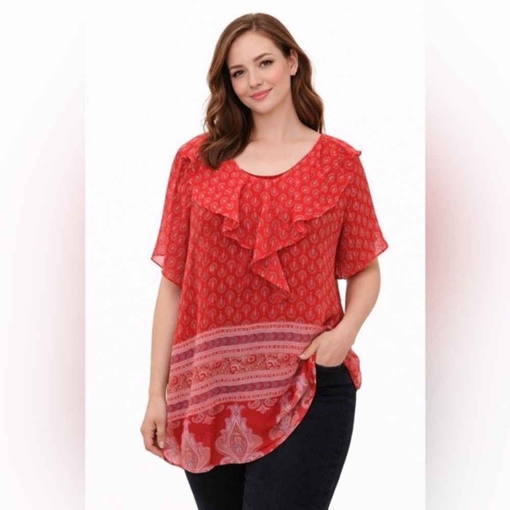 Cato Woman Red Paisley‎ Ruffle V-Neck Blouse Plus Size 18/20W Short Sleeve Top